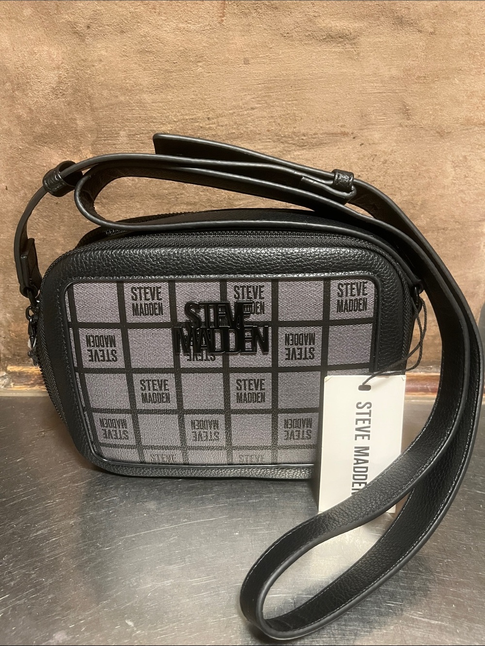 Steve Madden Black and Gray Logo Belt Bag